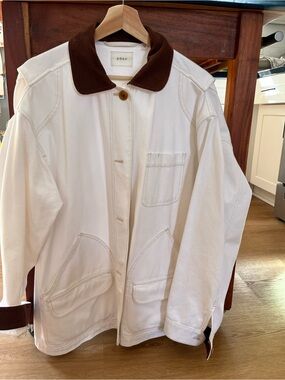 Doen Cream Canvas Utility Jacket with Brown Corduroy Collar
